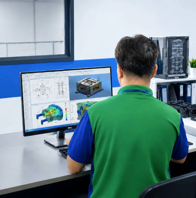 AMP engineer reviewing a 3D product CAD model on a workstation monitor