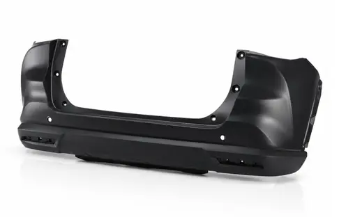 Black injection molded rear bumper for an SUV on a white background
