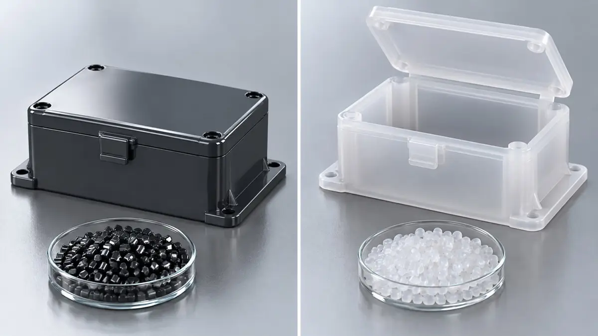 A glossy black housing with a dish of black pellets beside a translucent hinged box with a dish of clear pellets.