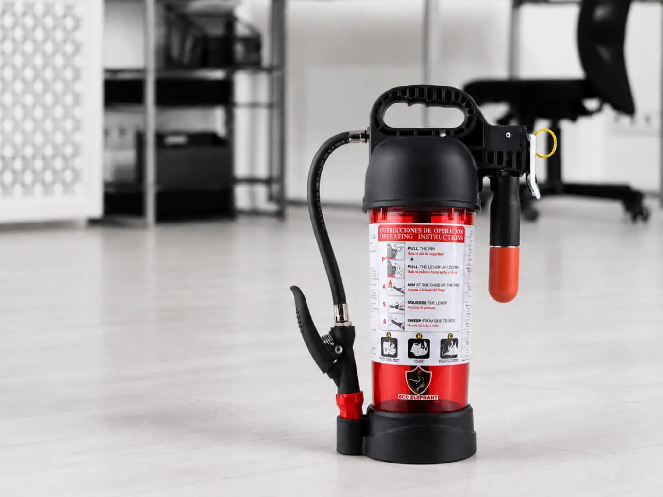 Eco Elephant EC500 transparent polycarbonate fire extinguisher with ABC dry powder visible through the body, produced by AMP Taiwan