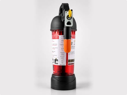 Finished Eco Elephant transparent polycarbonate fire extinguisher with black head assembly and orange cylinder sleeve, made in Taiwan