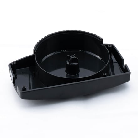 AMP injection-molded lower cover for an electronics device housing, with screw bosses and mounting features for PCB integration