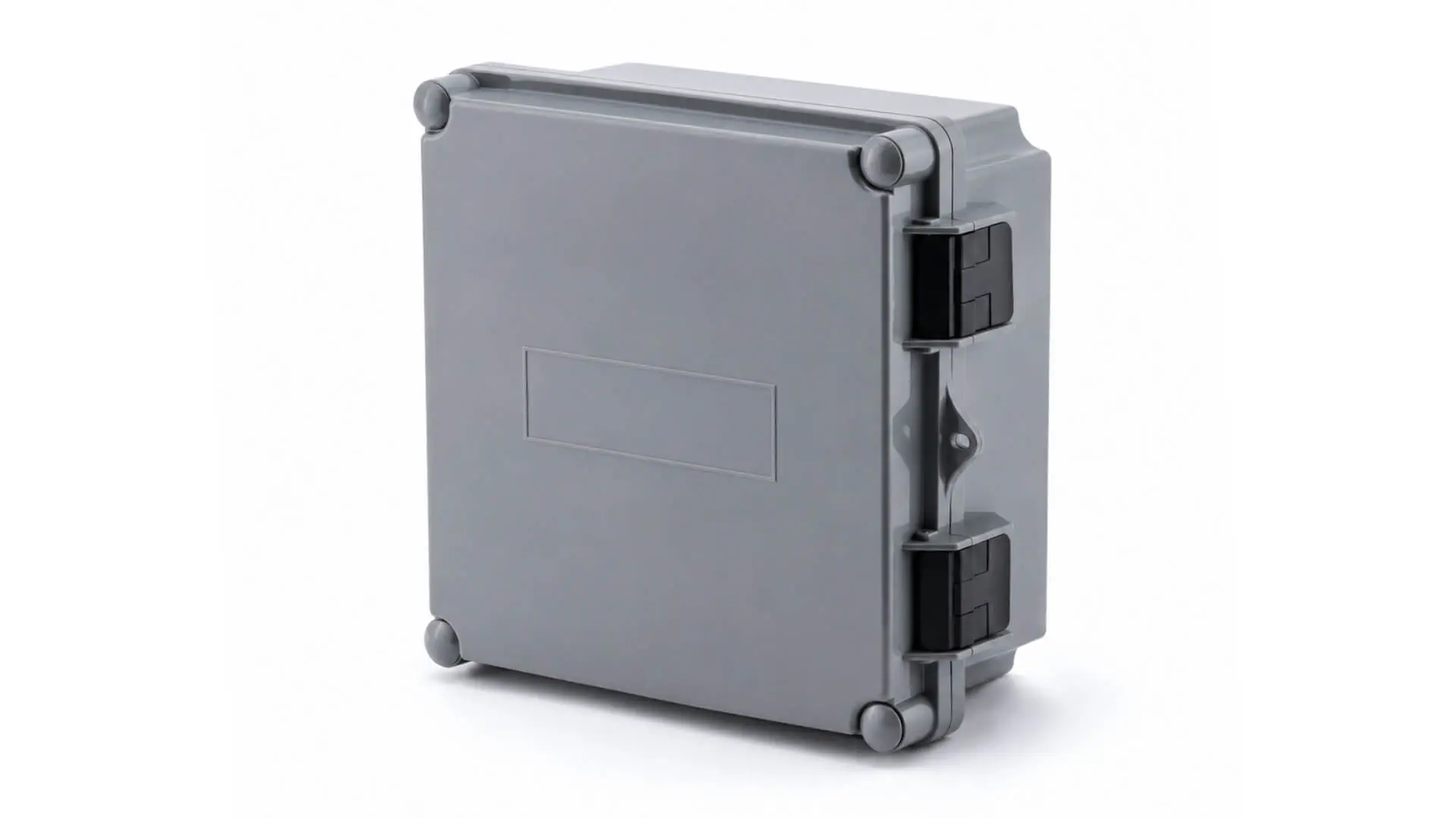 Grey injection-molded plastic industrial enclosure with corner fasteners and side latches for electronics protection, manufactured by AMP