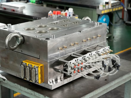 AMP-assembled export mold with hot runner connectors, cooling fittings, and electrical connections, ready for trial on our production machines before shipment