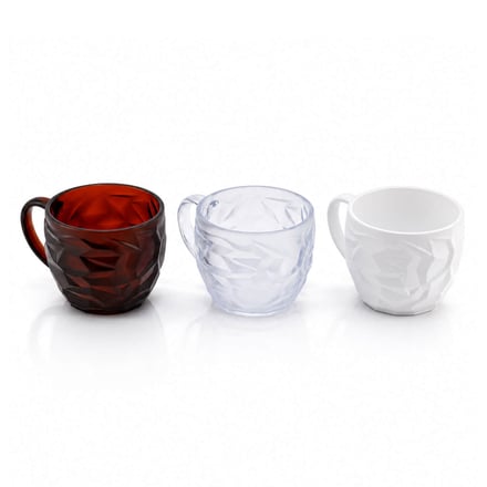 AMP injection-molded Tritan cups with decorative textured surface patterns in clear, red, and white finishes for consumer drinkware