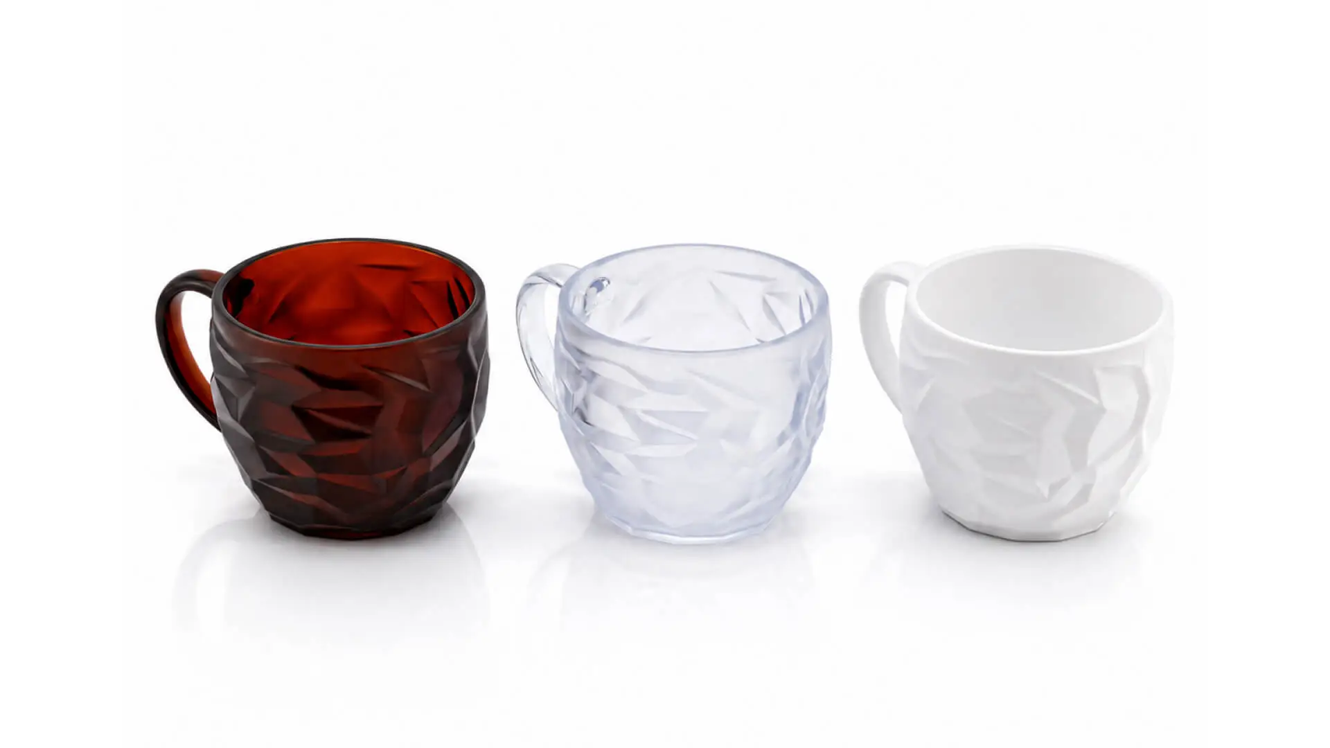 Three injection-molded textured drinkware cups in translucent red, clear, and opaque white finishes, manufactured by AMP