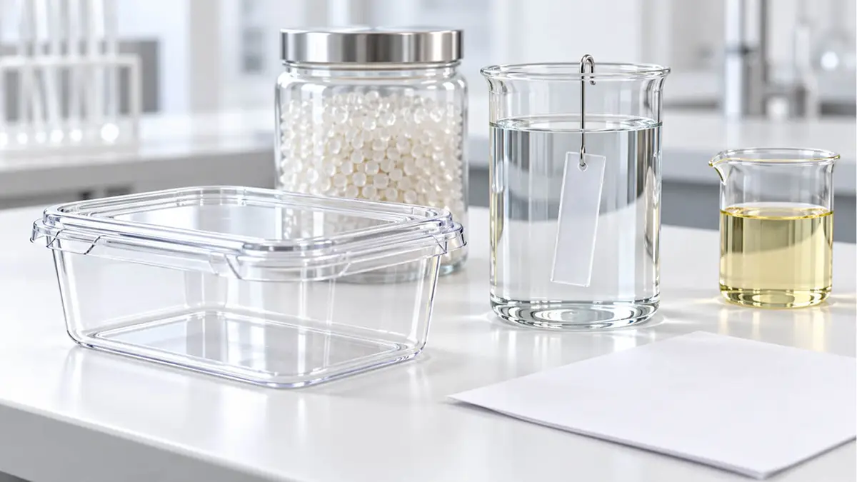 A clear food container beside a jar of plastic pellets, with a sample strip hanging in a beaker of liquid and a small beaker of yellow oil on a lab bench.