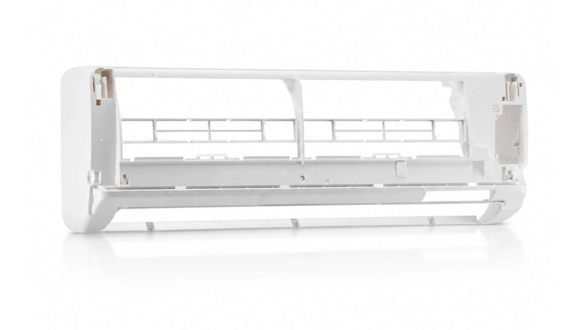 White injection-molded air conditioner indoor unit housing with internal mounting details and air outlet, manufactured by AMP