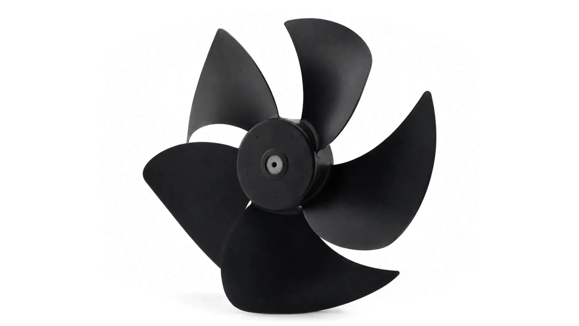 Black injection-molded axial fan blade with aerodynamic profile for HVAC and home appliance cooling, manufactured by AMP