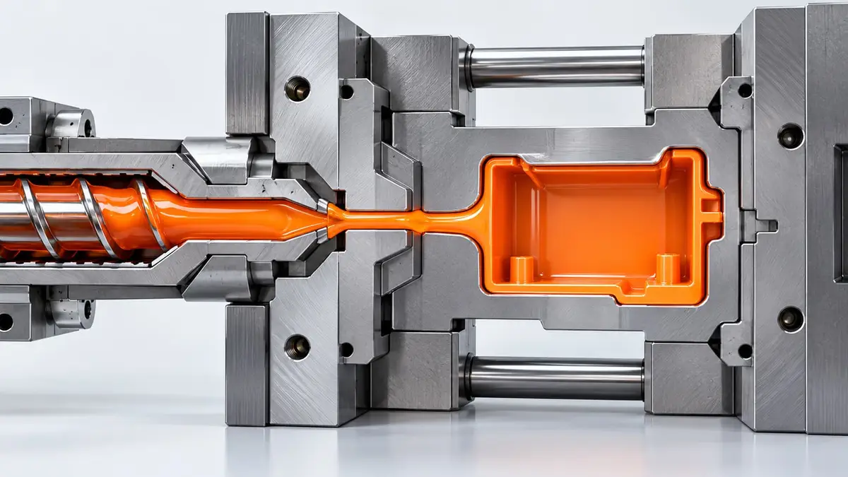 Cross-section of an injection mold showing molten plastic filling the shaped cavity.