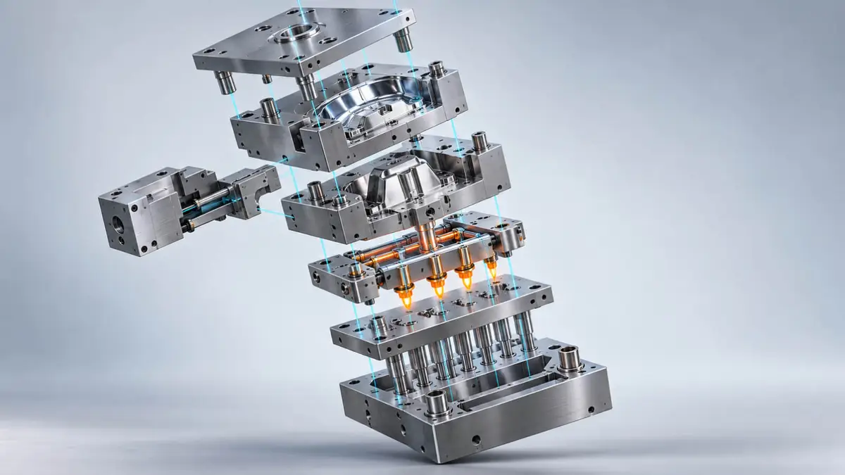 Exploded view of an injection mold showing the plates, inserts, slides, hot runner and ejector system that drive tooling cost.