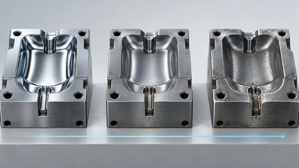 One steel mold cavity insert shown new, worn in service and worn out at the end of its mold life.