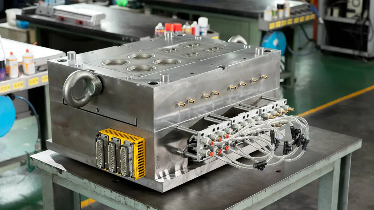 Injection mold crated on a pallet with an asset plate and contract documents representing mold ownership.