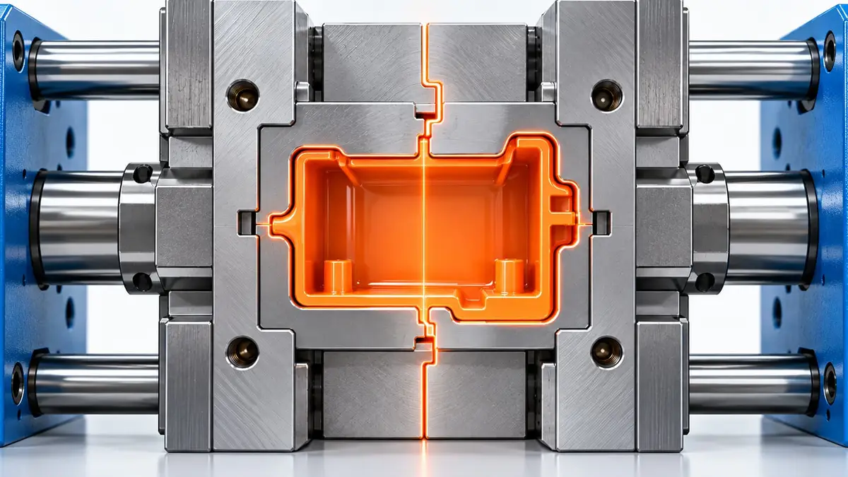 Injection mold cross-section highlighting the interface where the two mold halves meet.