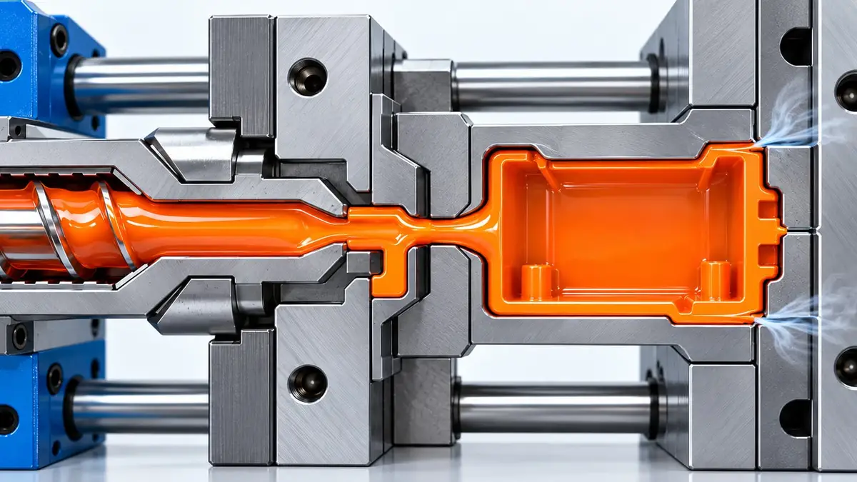 Injection mold cross-section showing trapped air escaping through vent channels as molten plastic fills the cavity.