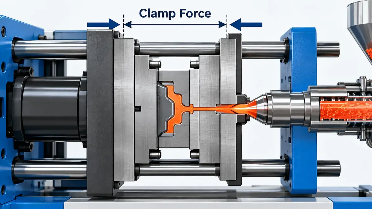 Injection molding machine showing clamp force holding the mold closed against injection pressure.