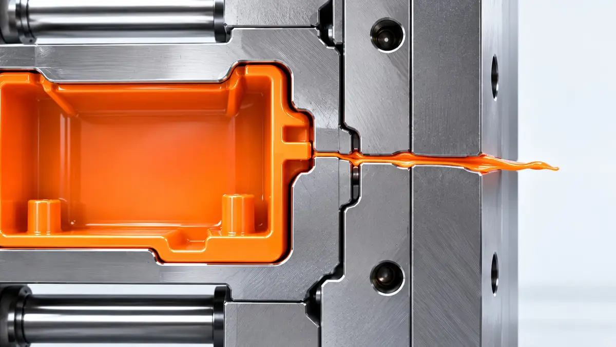 Injection mold cross-section showing thin excess plastic escaping along the mold parting line.