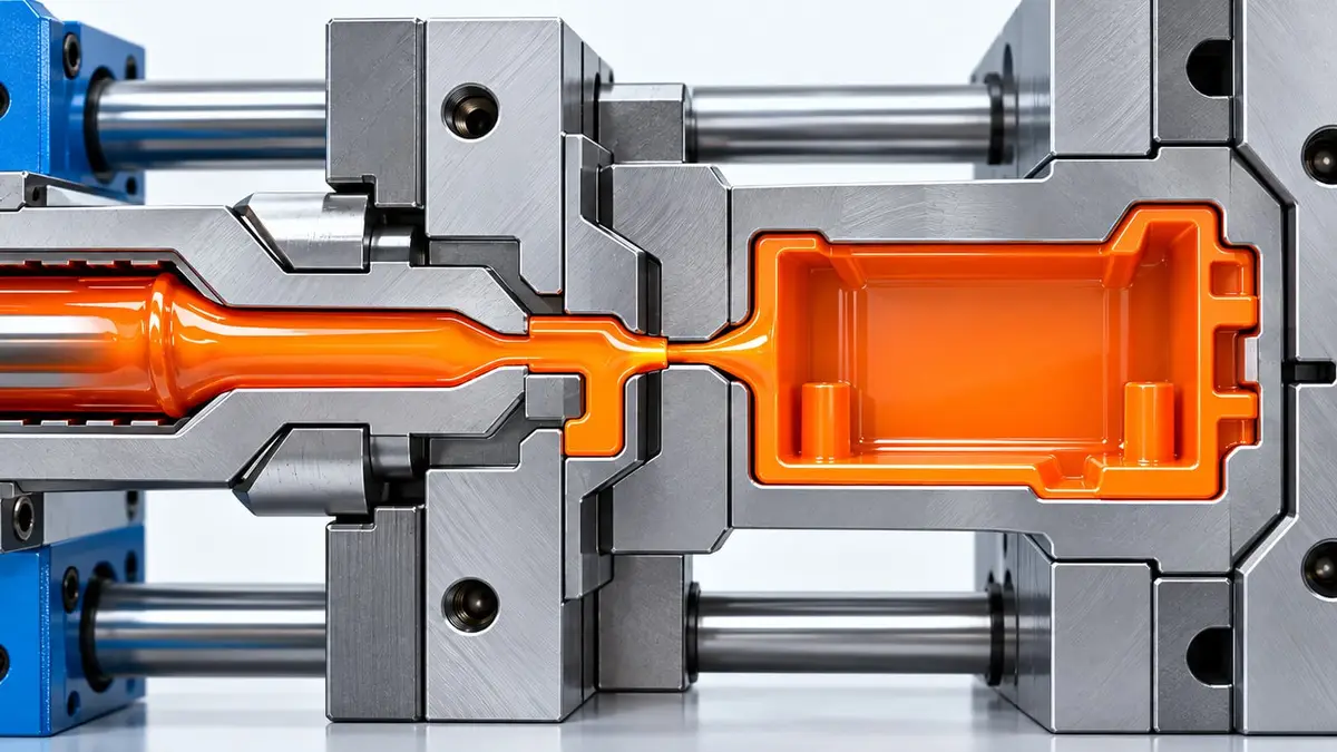 Injection mold cross-section showing molten plastic flowing through the gate into the mold cavity.