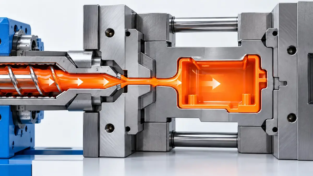 Injection molding cross-section showing pressure maintained on molten plastic after the cavity is filled.