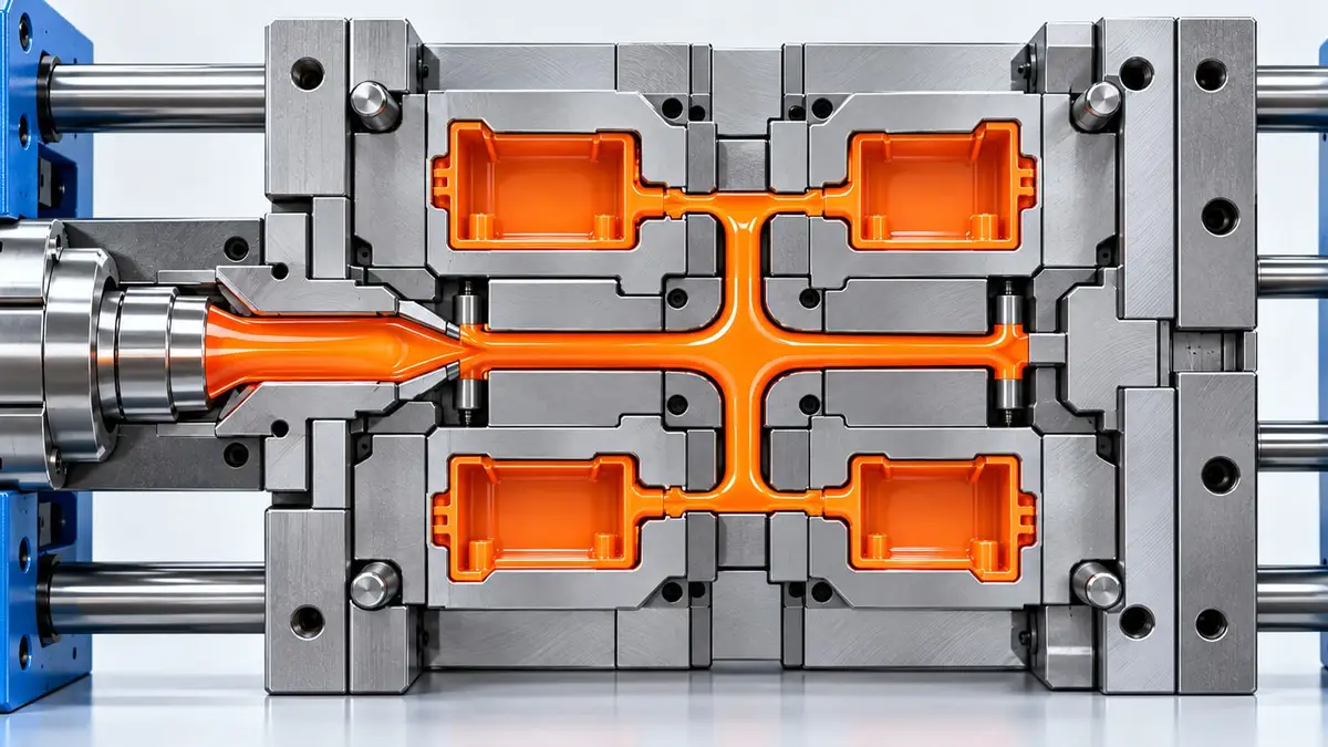 Multi-cavity injection mold showing the runner system distributing molten plastic to four cavities.