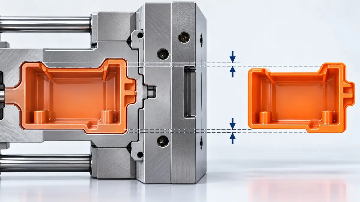 Injection molding diagram comparing the mold cavity with the smaller finished plastic part after cooling and shrinkage.