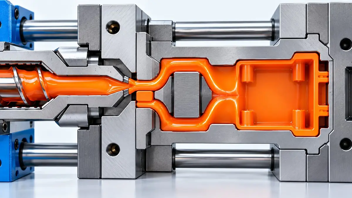Injection mold cross-section showing two molten plastic flow fronts meeting and forming a weld line inside the part.