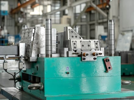 AMP-built injection mold showing slide actions, hydraulic connections, and cavity inserts from the operator side, serialized and tracked through our facility