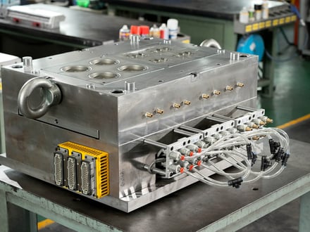 AMP-assembled injection mold with hot runner connectors, cooling line fittings, and hydraulic connections, ready for trial on our production machines