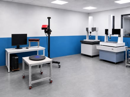 AMP metrology lab with a GOM ATOS 3D optical scanner and rotary stage for full-surface dimensional verification of molds and first-article parts against the original CAD model
