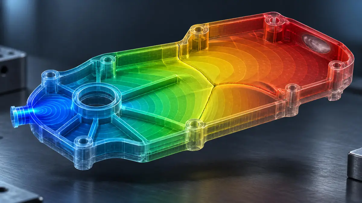 Mold flow analysis simulation showing fill contours, melt fronts and a weld line in a plastic part.