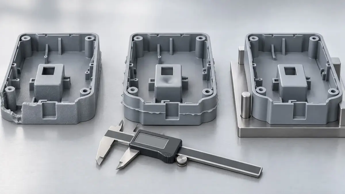 Three injection molded samples from T0, T1 and T2 mold trials showing a short shot, a flashed part and an approved part.
