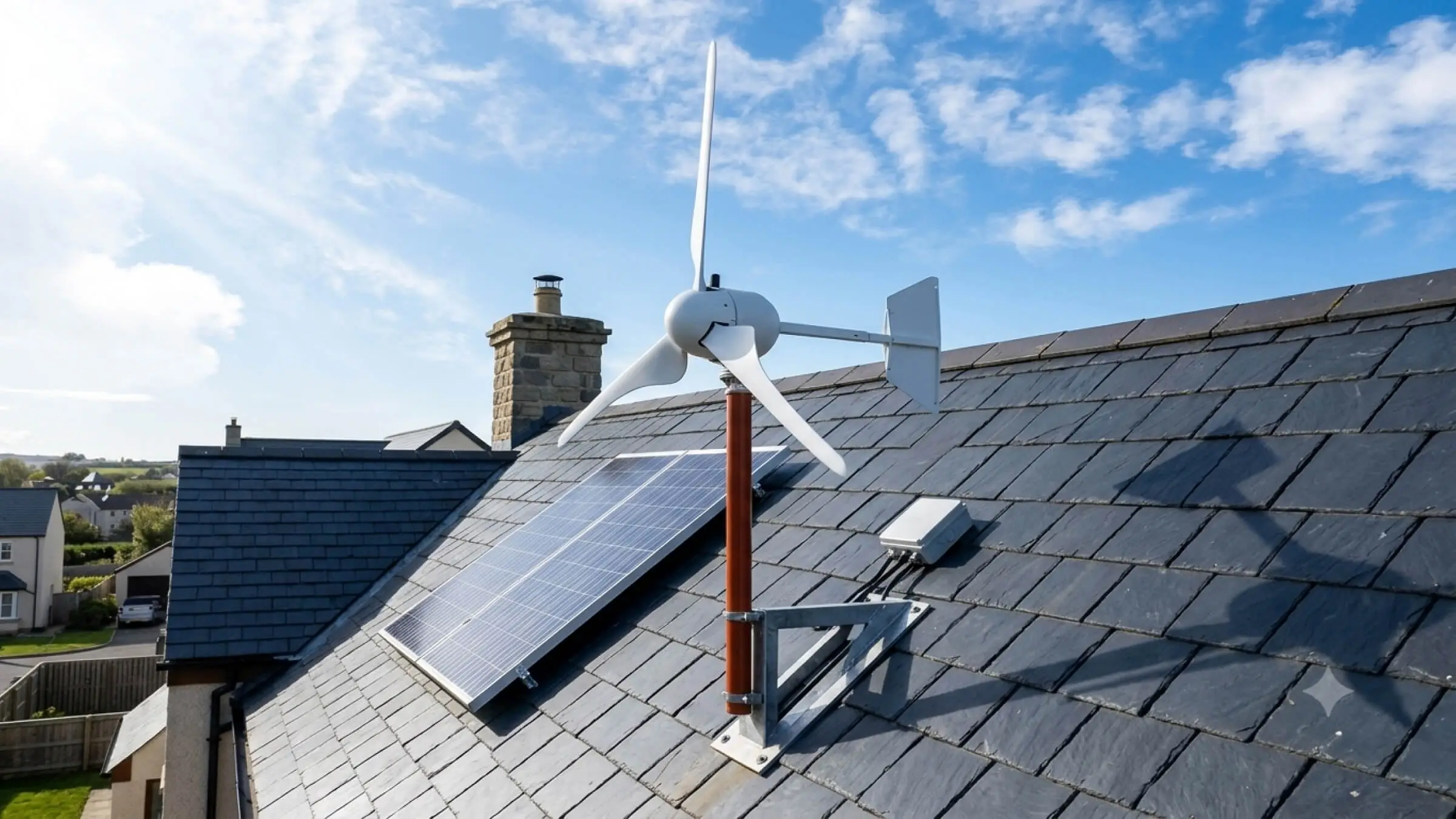 Rooftop solar panels and a small wind turbine representing AMP plastic components for green energy applications