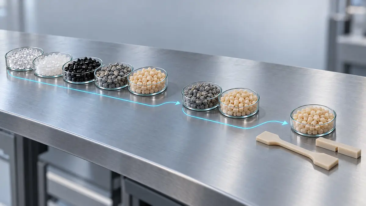 Eight dishes of plastic pellets on a steel bench, with a blue path leading to a beige grade beside two molded test bars.
