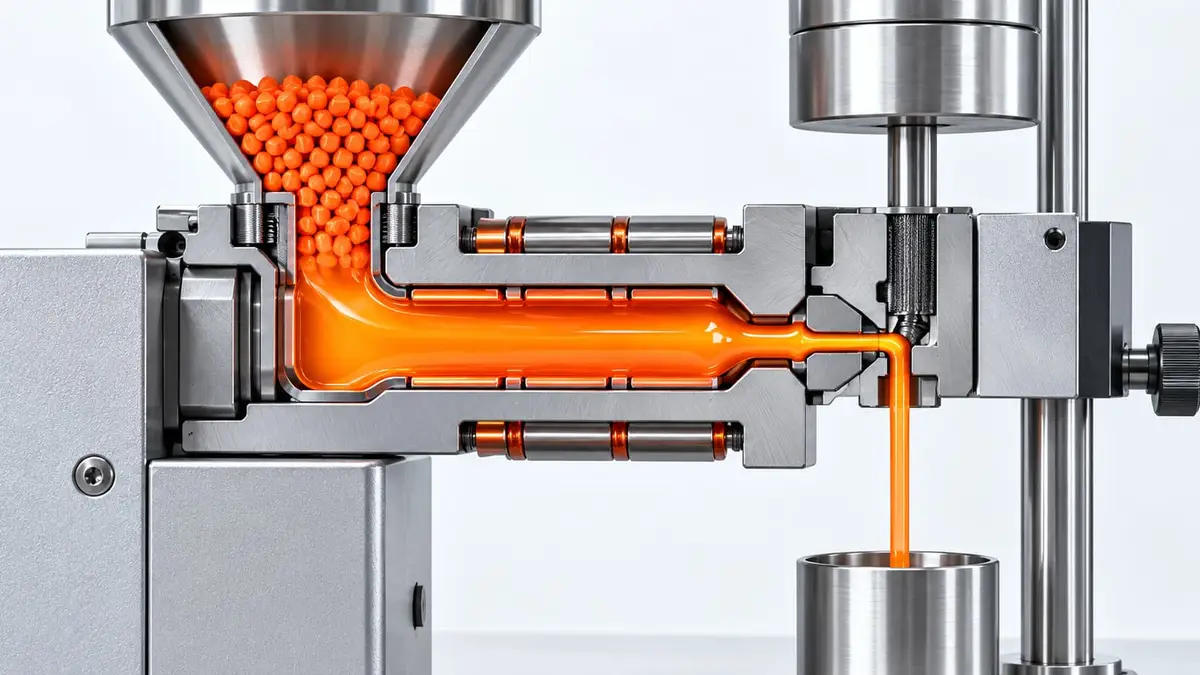 Cutaway view of a melt flow testing device showing molten polymer passing through a narrow opening.