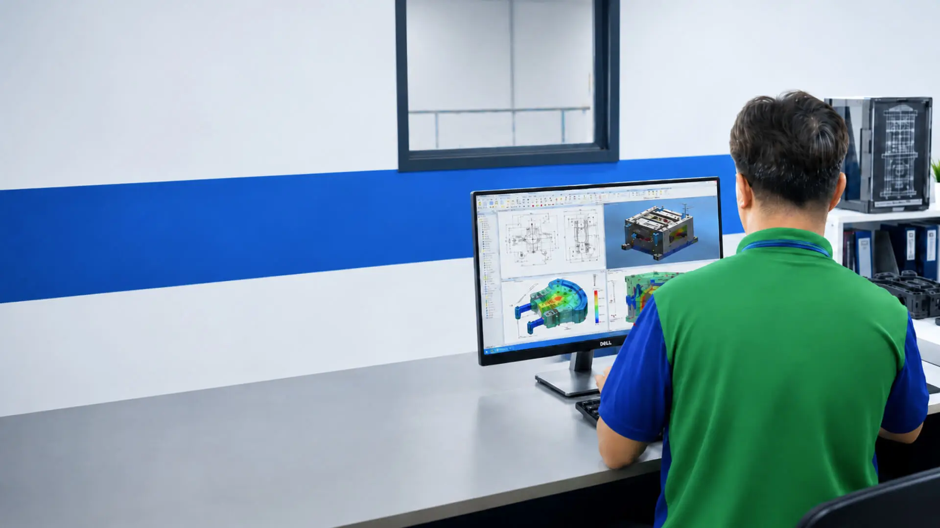 AMP engineer reviewing 3D mold CAD models on a workstation at our Taiwan R&D office