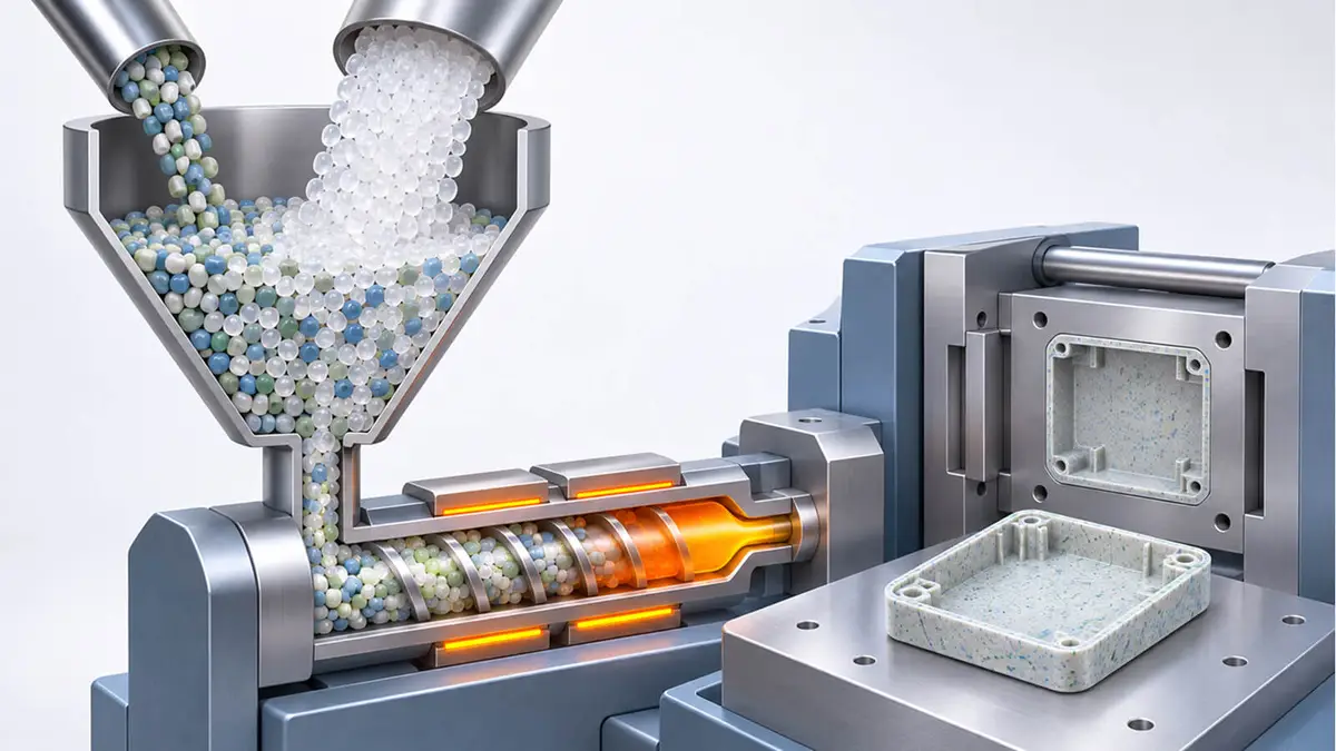 Mixed blue, green, and clear pellets feeding a molding barrel, with a speckled housing in front of an open mold.