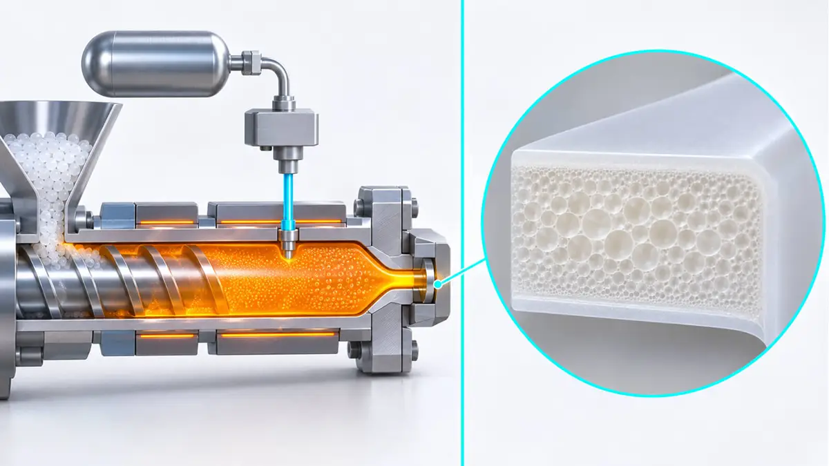 A cutaway molding barrel with gas injected into molten plastic, beside a magnified part section showing a solid skin and a foamed core.